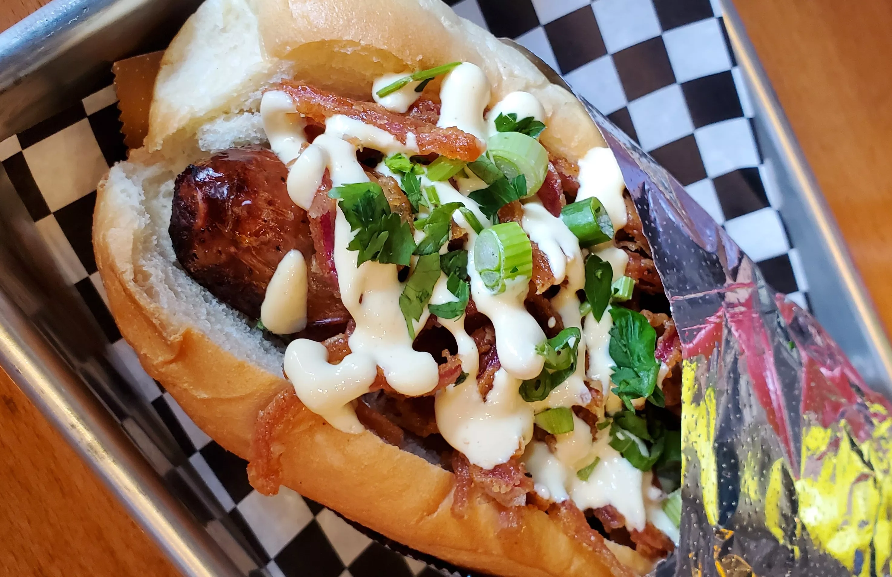 Biker Jim's Gourmet Dogs signature dishes Louisiana Red Hots
Stadium Dog Wrapped In Bacon
Elk Jalapeno Cheddar